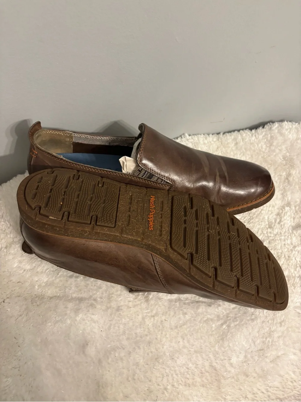 Hush Puppies Men's Brown Leather Slip-On Loafers with Blue Insoles